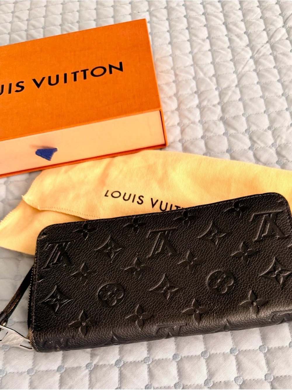 Louis Vuitton Monogram Empreinte Zippy Wallet Flower Stud Long Marine Blue